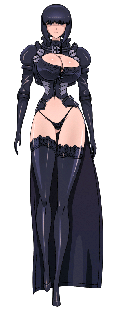 1girl akiranime animated animated_gif bangs black_eyes black_hair black_legwear black_panties bob_cut bolt bouncing_breasts breasts cleavage cleavage_cutout cross female gloves gluteal_fold high_heels hips lace lace-trimmed_thighhighs large_breasts legs l nsfw xxx gif