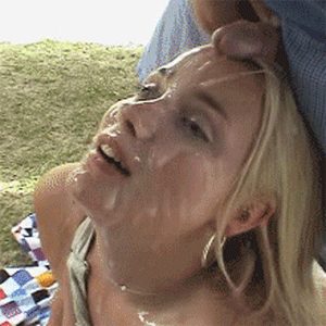 Blonde gets her face covered in hot cum