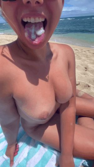 Incredible beach babe swallows your load